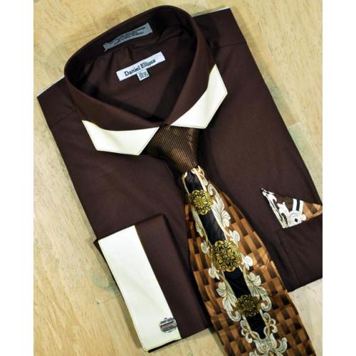 Daniel Ellissa Brown With Cream Trimming Polygonal Spread Collar Shirt/Tie/Hanky Set DS3750P2